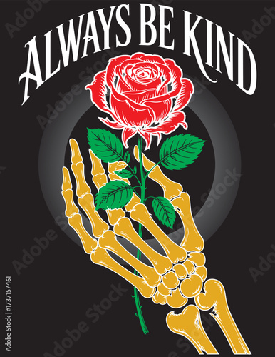 Minimalist T-shirt design on a black background. A white-outlined skeletal hand holds a richly textured red rose with detailed green leaves. The rose petals are vibrant and t-shirt design