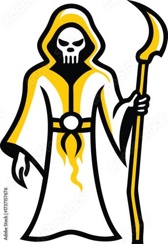Grim Reaper skull figure in white robe with yellow trim holding a scythe death character