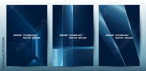 Dynamic Blue Abstract Glowing Lines On Dark Background Set.