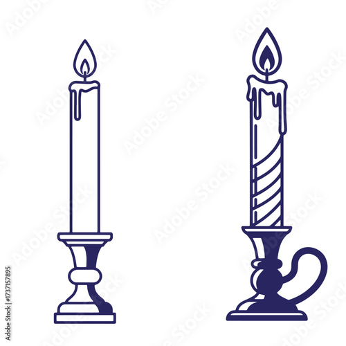 Elegant vector illustrations of lit candles in classic candlestick holders on white background