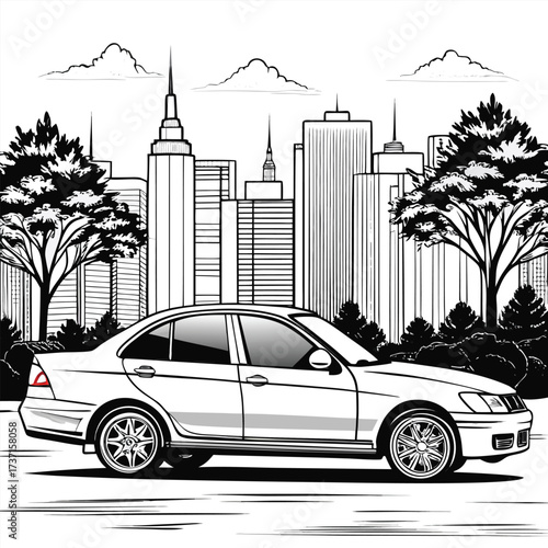 Black and white sedan car in front of city skyline and trees