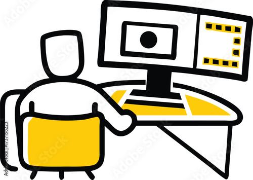 Stylized person sitting at a desk with a dual screen computer and yellow chair monitor