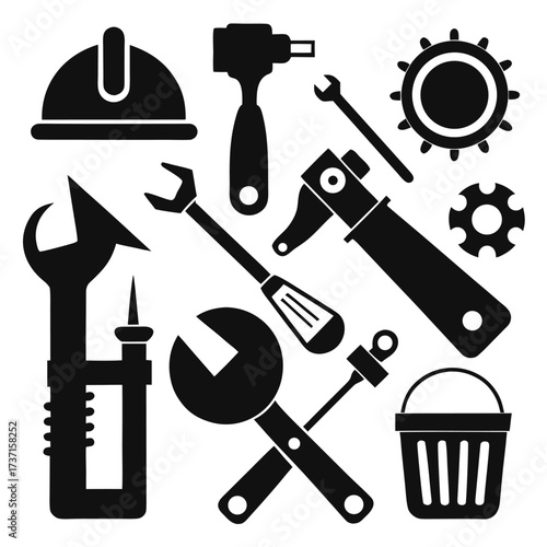 Black silhouette icons of construction and repair tools