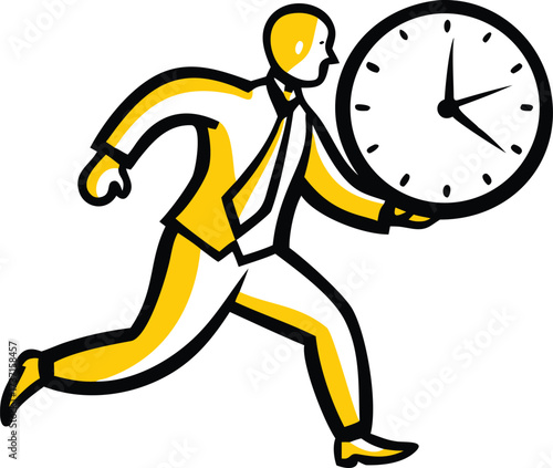 Stylized yellow and black businessman running with large clock in hand time deadline