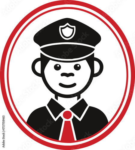 Stylized Icon of a Friendly Police Officer in a Red Circular Frame