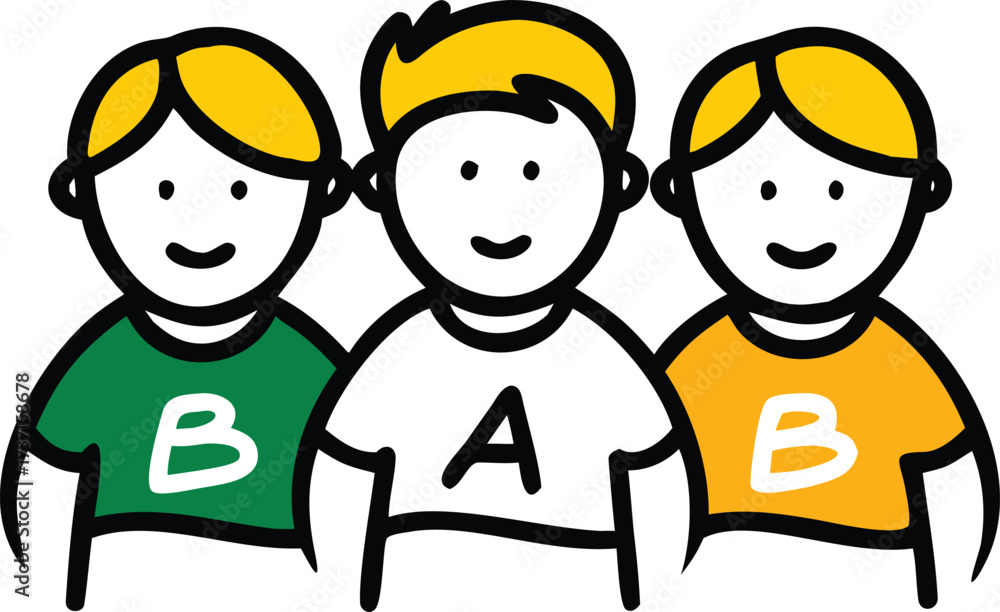 Naklejka premium Three cartoon children with yellow hair and letters on shirts green shirt white letter B