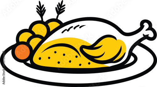 Stylized yellow roasted chicken with orange garnish on a white platter food meal
