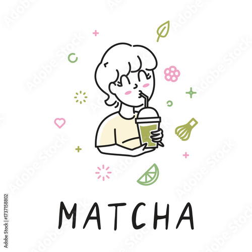 Cute beauty girl drink a cup of cool, fresh, and recharging green Matcha tea, outline asian japanese korean design style with some element around suit for product label, merchandise, and branding