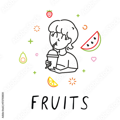 Cute beauty girl drink a cup of fresh cool and recharging  fruit juice, outline asian japanese korean design style with some element around suit for product label, merchandise, and branding