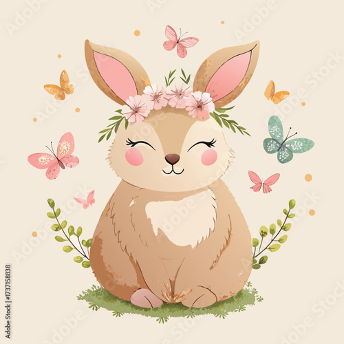 Cute cartoon bunny wearing flower crown surrounded by butterflies