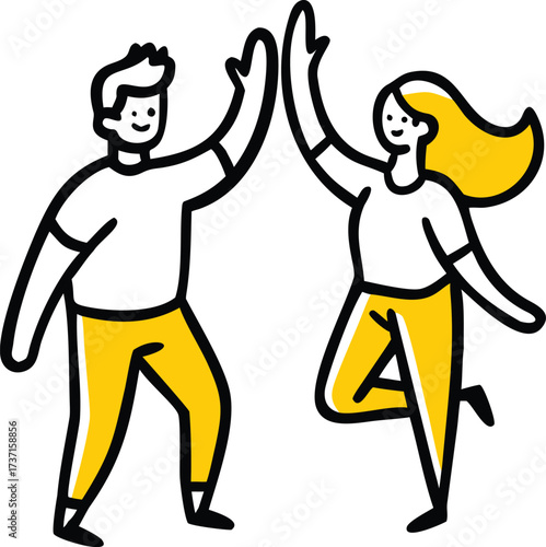 Two cartoon people giving a high five with yellow pants and white shirts celebration success