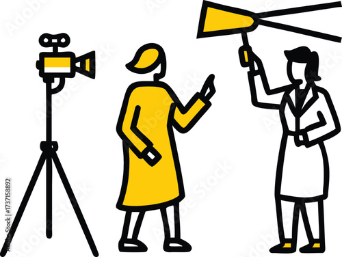 Two people and a film camera on a tripod in a minimalist graphic style with yellow and black accents
