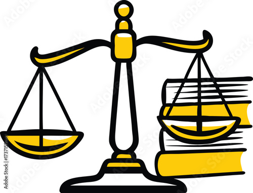 Yellow and black graphic scales of justice with stacked books on white background legal balance