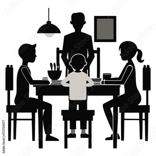 Family dining together at a table with a pendant lamp
