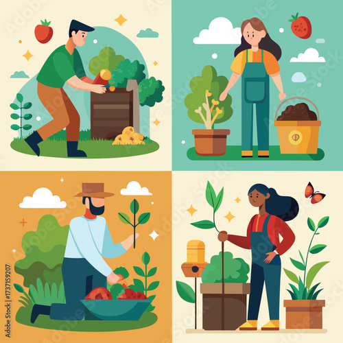 Four people gardening and tending plants planting farming