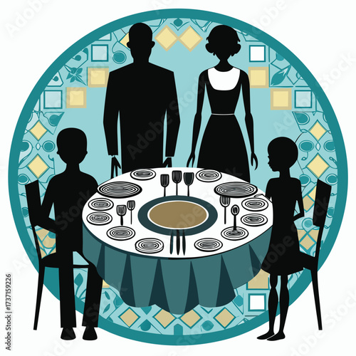 Family silhouettes gathered around a round dining table