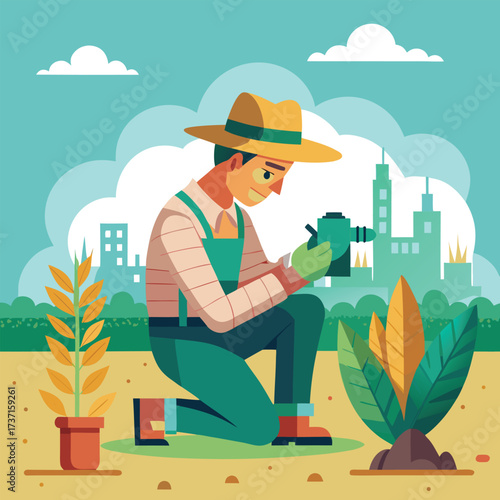 Farmer tending plants with city skyline in background
