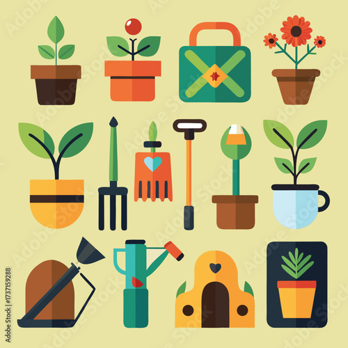 Flat design gardening tools and potted plants pots