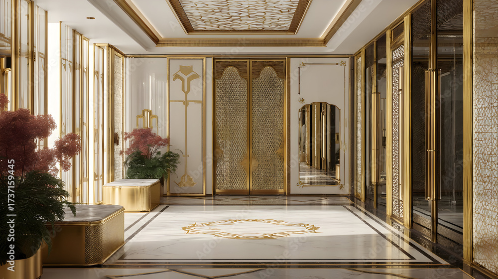 Fototapeta premium Luxury bathroom illustrates classic interior with golden fixtures