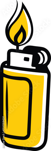 Yellow lighter with a black outline and a bright yellow flame fire ignition
