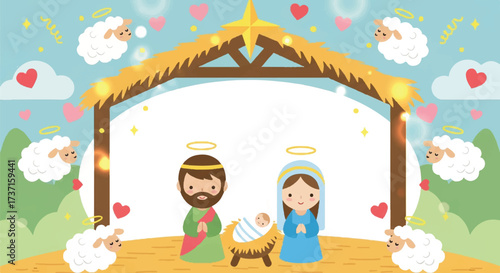 A cartoon depiction of the nativity scene with Mary, Joseph, baby Jesus, and sheep.
