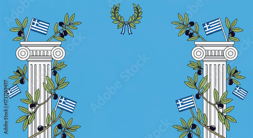 A symmetrical design featuring classical columns, olive branches, and Greek flags, set against a light blue background.
