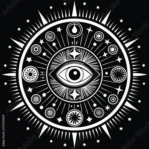 White eye symbol with celestial elements on black background