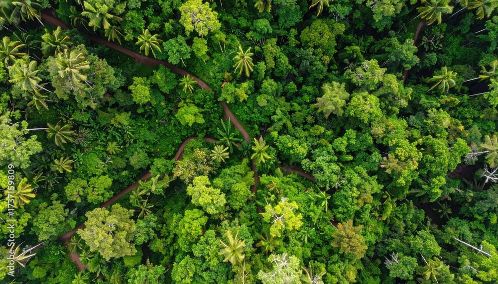 Naklejka premium Aerial View of Lush Green Jungle Canopy Hiding Secret Clearing