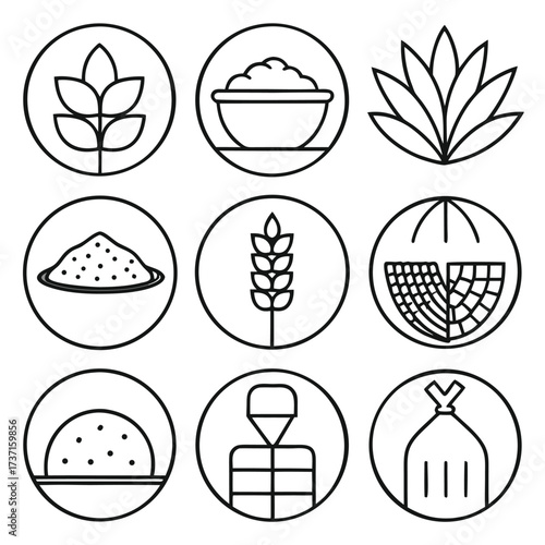 Set of nine black and white icons representing grains and food