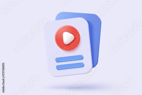 3D media data with video and photo management. Searching image and video files in gallery library. Document management soft database, document form. 3d multimedia file icon vector render illustration