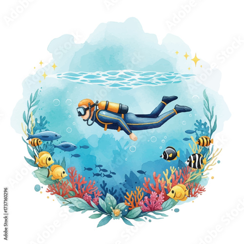 A scuba diver explores the vibrant underwater world surrounded by colorful fish and coral reefs.