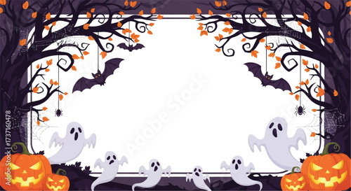 Spooky Halloween-themed illustration featuring jack-o'-lanterns, ghosts, bats, and trees with orange leaves, framing a central white space.