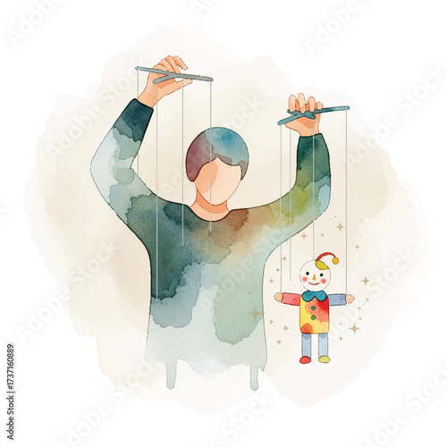 A watercolor illustration depicts a person manipulating a puppet with strings, creating a whimsical scene.