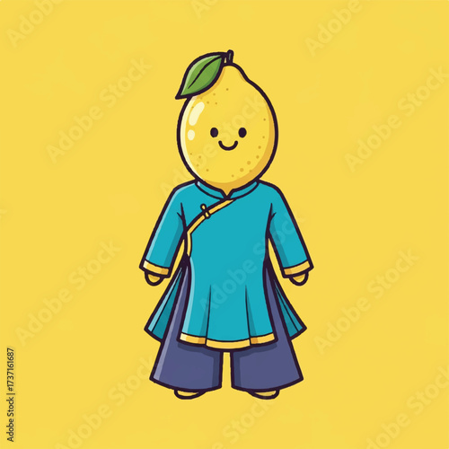 A cheerful lemon character wearing traditional blue clothing, smiling happily against yellow background.