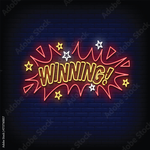 winning neon signboard with brick wall background vector