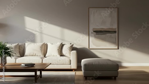 Cozy living room interior with sunlight, sofa, and modern art. Serene and inviting.