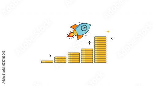 Animation a cartoon rocket launches soaring above rapidly increasing glittering stacks of gold coins.