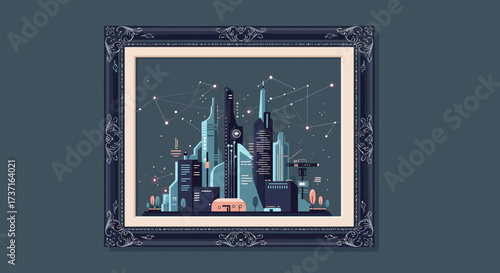 Futuristic cityscape with interconnected glowing nodes and sleek modern skyscrapers, symbolizing smart city innovation and global connectivity in a digital age.