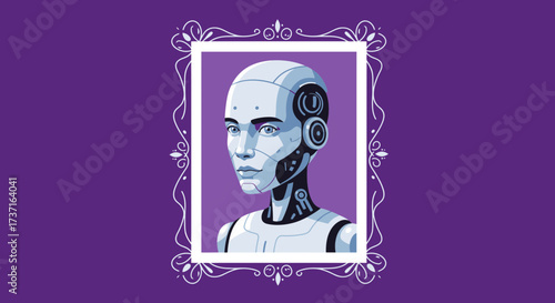 Futuristic humanoid robot portrait with intelligent gaze, embodying innovation and advanced technology in a modern, stylized frame