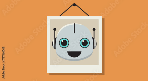 Charming cartoon robot face portrait hanging on wall, bringing a touch of playful technology and futuristic fun to any project.