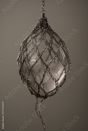 Suspended Sculpture: Intricate chains cradling a delicate glass sphere, a mesmerizing dance of light and shadow, the artwork speaks of fragility and resilience.