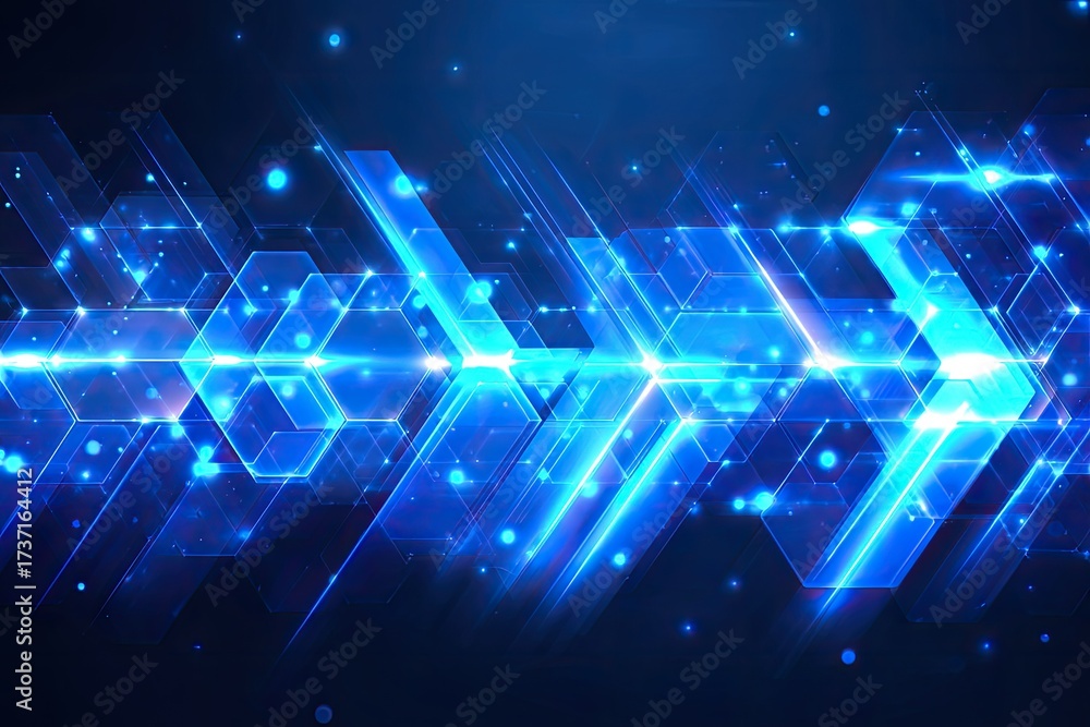 Fototapeta premium Abstract, dynamic digital composition featuring bright blue geometric arrows and bokeh effects