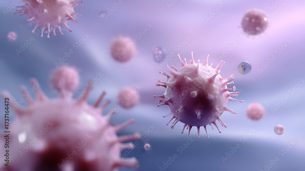 Fototapeta premium Pink Virus Particle Render with Spikes against Purple Hazy Background