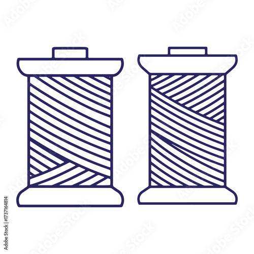 Two blue outline illustrations of thread spools on white background showing different winding patterns