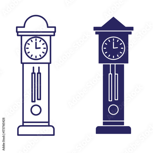 Two elegant dark blue outline illustrations of grandfather clocks showing timekeeping
