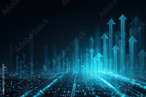 Futuristic graphic showing an upward trend with glowing blue arrows emerging from a blurred city