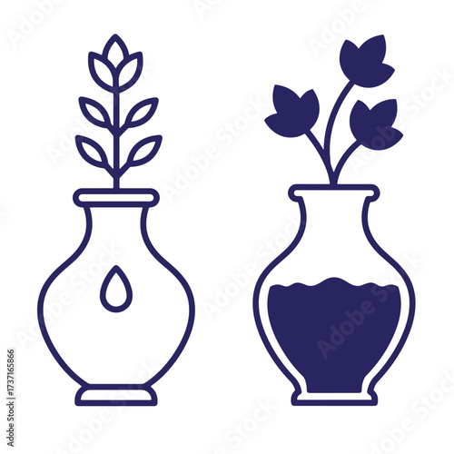 Two elegant flower vases with decorative botanical elements in a minimalist linear illustration.