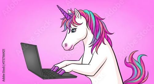 Whimsical unicorn using a laptop computer, magical creature working on technology, funny fantasy character illustration on pink background