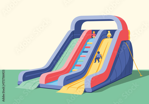 Kids enjoying a colorful inflatable slide with multiple chutes on a grassy field.