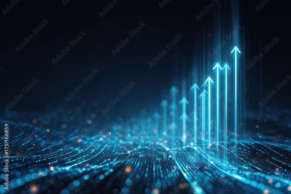 Naklejka premium Abstract image showing glowing arrows pointing upwards, symbolizing growth and progress, on a dark background